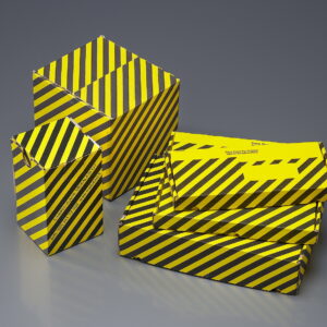 Laatikko kelta-musta Uriboxille, 105 x 105 x 175 mm